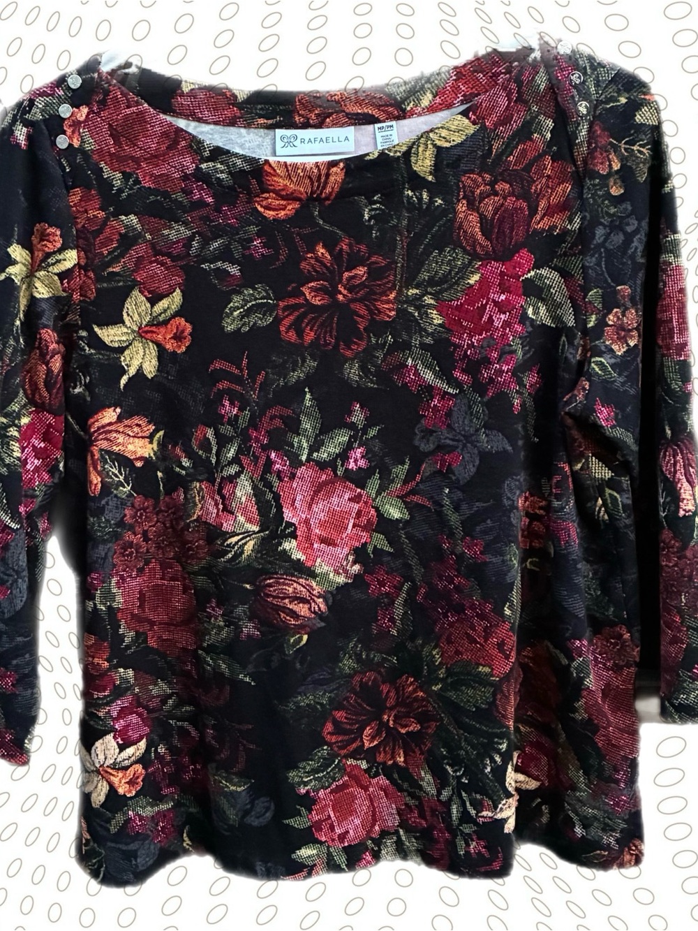 Rafaella Black Floral Long Sleeve Boatneck Top with Pink & Green Blooms